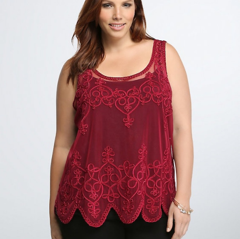 Date NIGHT-CAREER-DRESSY SHIRT Torrid Sheer Beet Red Mesh top size 3x